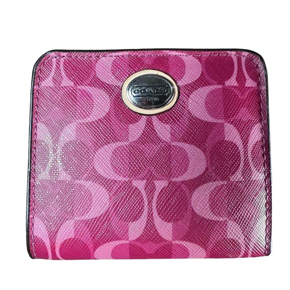 Coach Signature Bifold Wallet Pink Monogram Coated Canvas Silver Medallion Logo